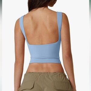 Qinsen Women Blue Open Back Crop Tank Top High Neck Sleeveless Slim Fit Y2K L
